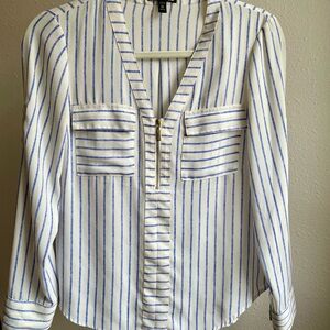 Striped V-Neck Blouse - White and Blue
